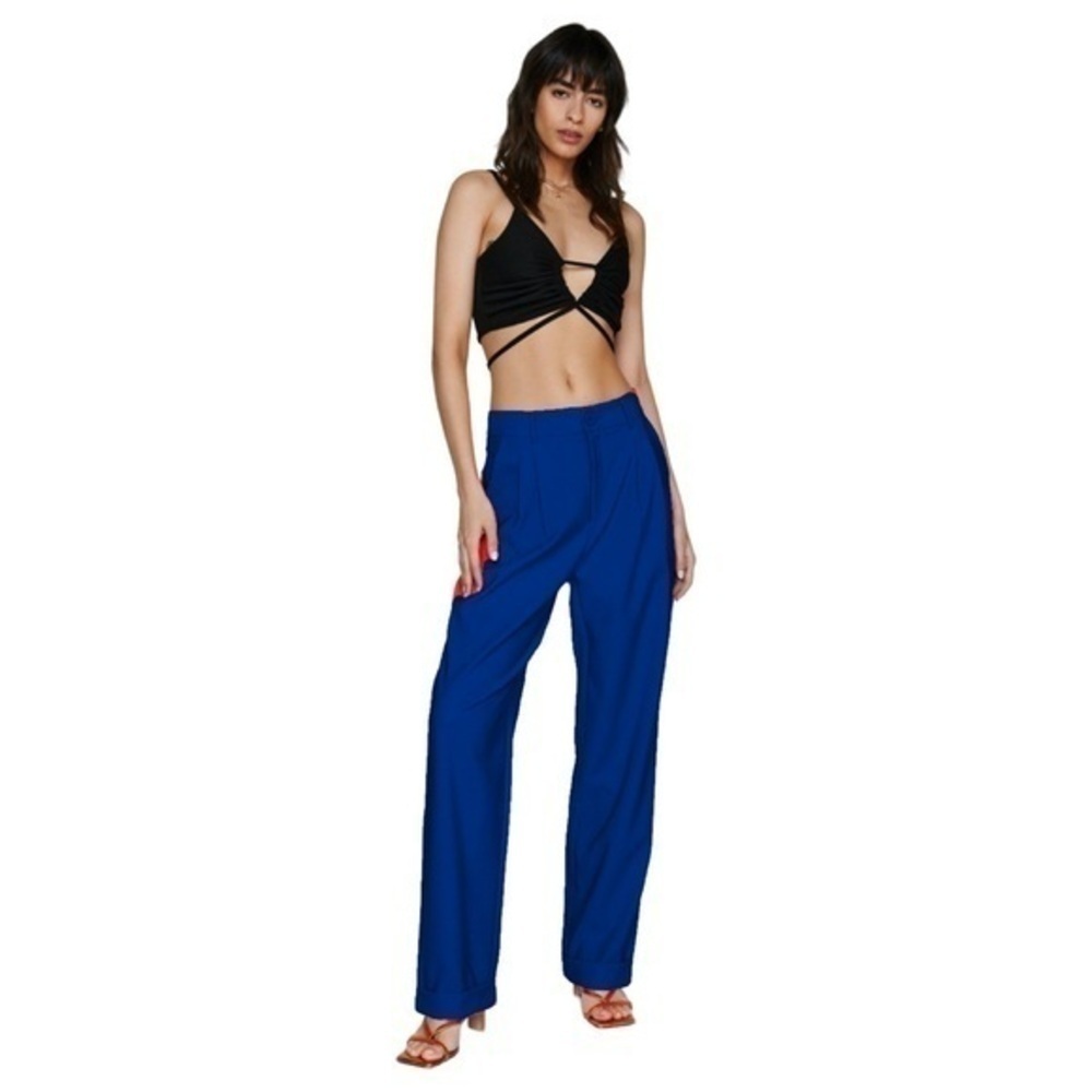 Nasty Gal Tailored High Waisted Turn Up Hem Pants in Navy Blue NEW with tags